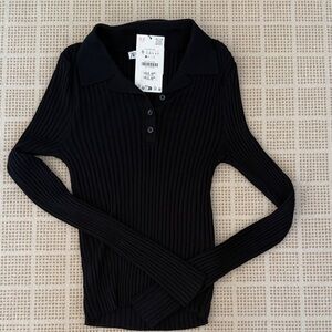 Zara Ribbed Long Sleeve Polo Top - navy